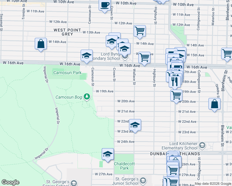 map of restaurants, bars, coffee shops, grocery stores, and more near 3998 West 19th Avenue in Vancouver