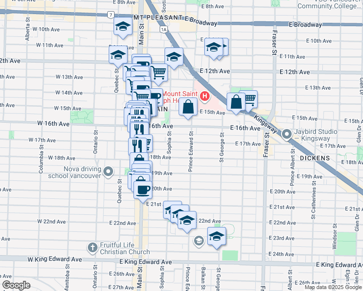 map of restaurants, bars, coffee shops, grocery stores, and more near 346 East 17th Avenue in Vancouver