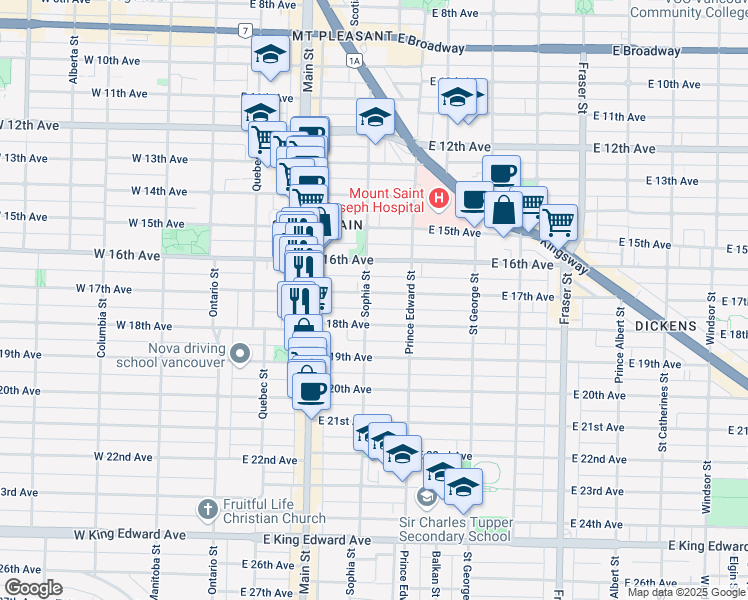map of restaurants, bars, coffee shops, grocery stores, and more near 312 East 17th Avenue in Vancouver