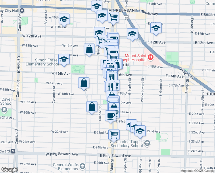 map of restaurants, bars, coffee shops, grocery stores, and more near 3303 Main Street in Vancouver