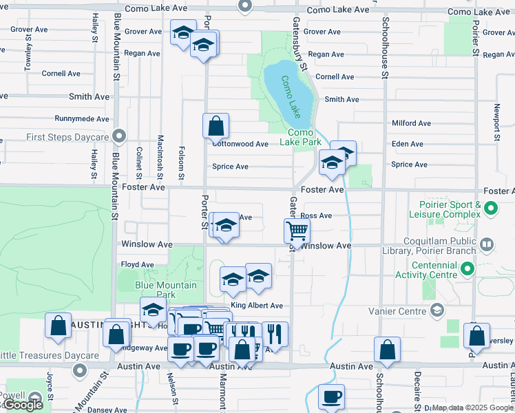 map of restaurants, bars, coffee shops, grocery stores, and more near 1165 Kerwan Place in Coquitlam