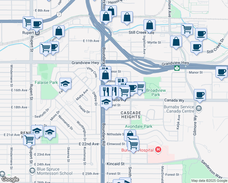 map of restaurants, bars, coffee shops, grocery stores, and more near 3738 Norfolk Street in Burnaby