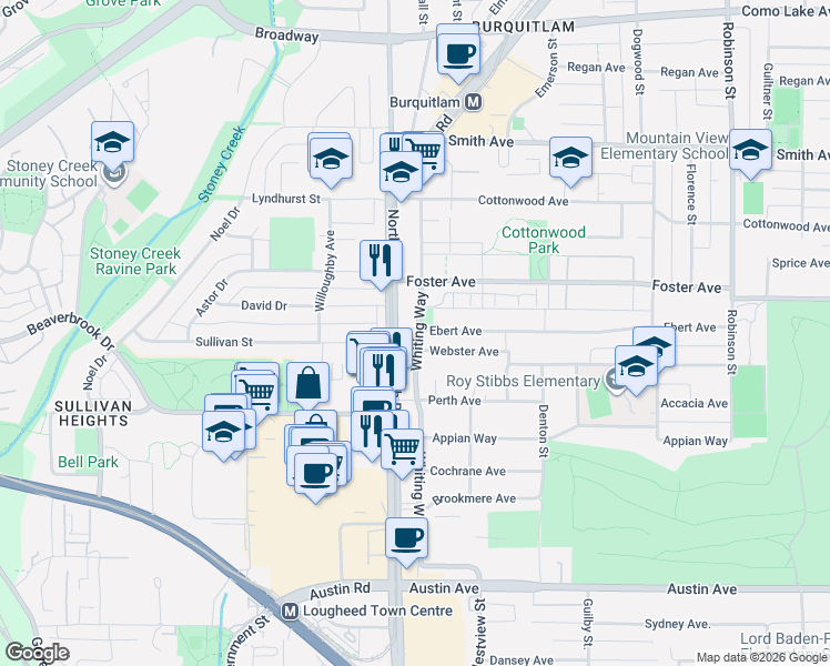 map of restaurants, bars, coffee shops, grocery stores, and more near 638 Whiting Way in Coquitlam