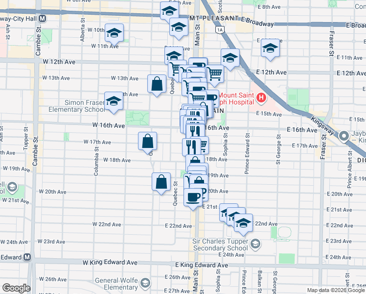 map of restaurants, bars, coffee shops, grocery stores, and more near 180 East 17th Avenue in Vancouver