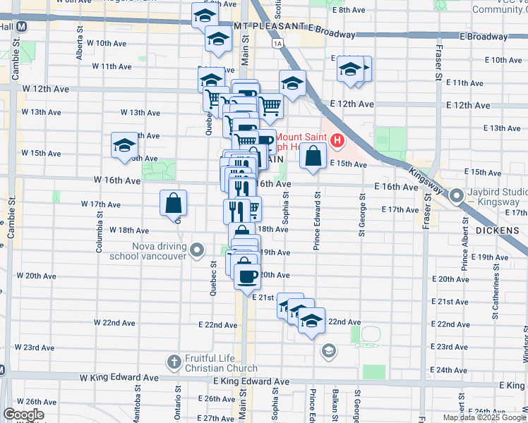 map of restaurants, bars, coffee shops, grocery stores, and more near 248 East 17th Avenue in Vancouver