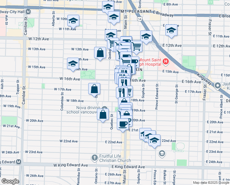 map of restaurants, bars, coffee shops, grocery stores, and more near 158 East 17th Avenue in Vancouver