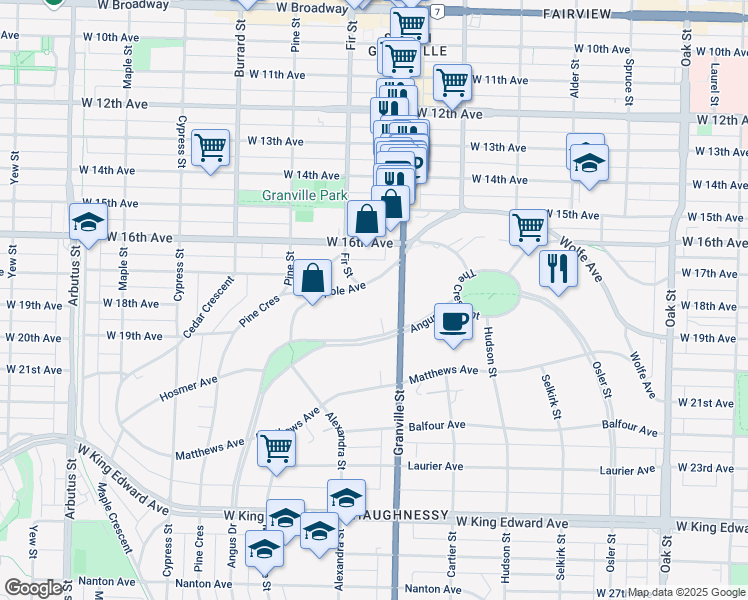map of restaurants, bars, coffee shops, grocery stores, and more near 1550 Marpole Avenue in Vancouver