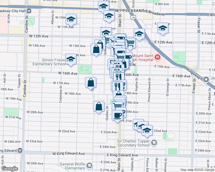 map of restaurants, bars, coffee shops, grocery stores, and more near 126 East 17th Avenue in Vancouver