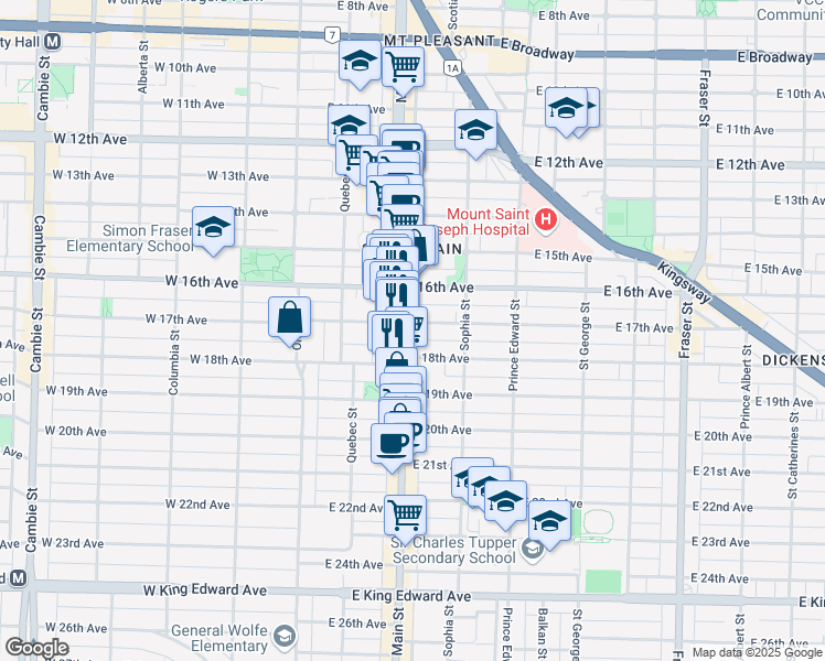 map of restaurants, bars, coffee shops, grocery stores, and more near 216 East 17th Avenue in Vancouver