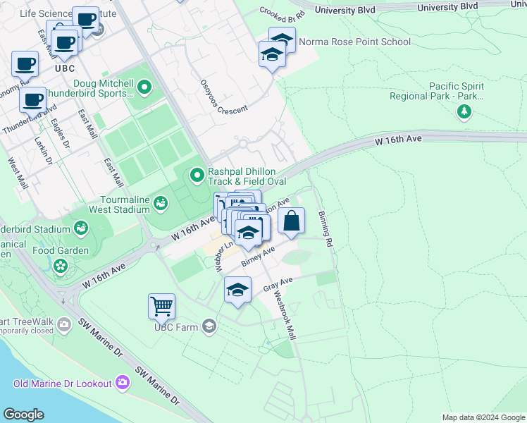 map of restaurants, bars, coffee shops, grocery stores, and more near in Vancouver