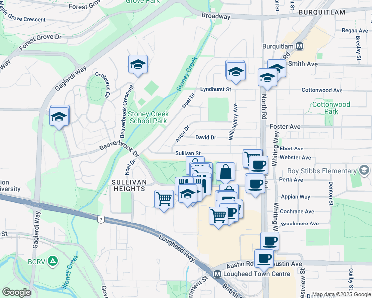 map of restaurants, bars, coffee shops, grocery stores, and more near 9525 Sullivan Street in Burnaby