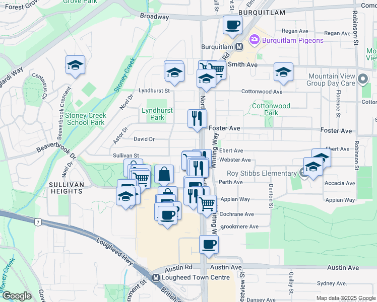 map of restaurants, bars, coffee shops, grocery stores, and more near 9935 Sullivan Street in Burnaby