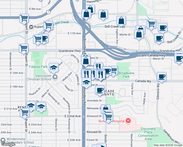 map of restaurants, bars, coffee shops, grocery stores, and more near 3733 Norfolk Street in Burnaby