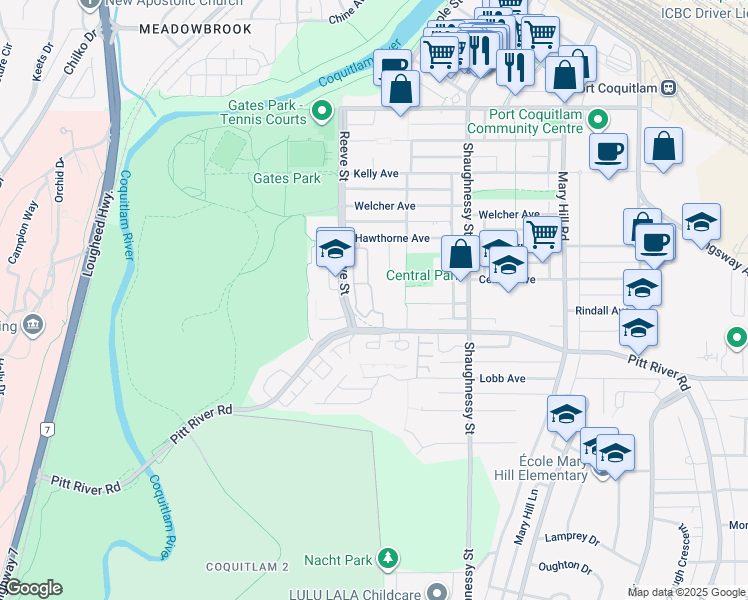 map of restaurants, bars, coffee shops, grocery stores, and more near 2450 Hawthorne Avenue in Port Coquitlam