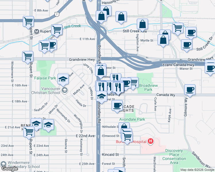 map of restaurants, bars, coffee shops, grocery stores, and more near 3733 Norfolk Street in Burnaby