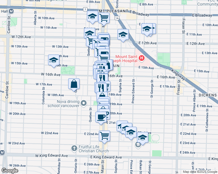 map of restaurants, bars, coffee shops, grocery stores, and more near 240 East 17th Avenue in Vancouver