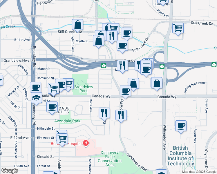 map of restaurants, bars, coffee shops, grocery stores, and more near 4181 Norfolk Street in Burnaby