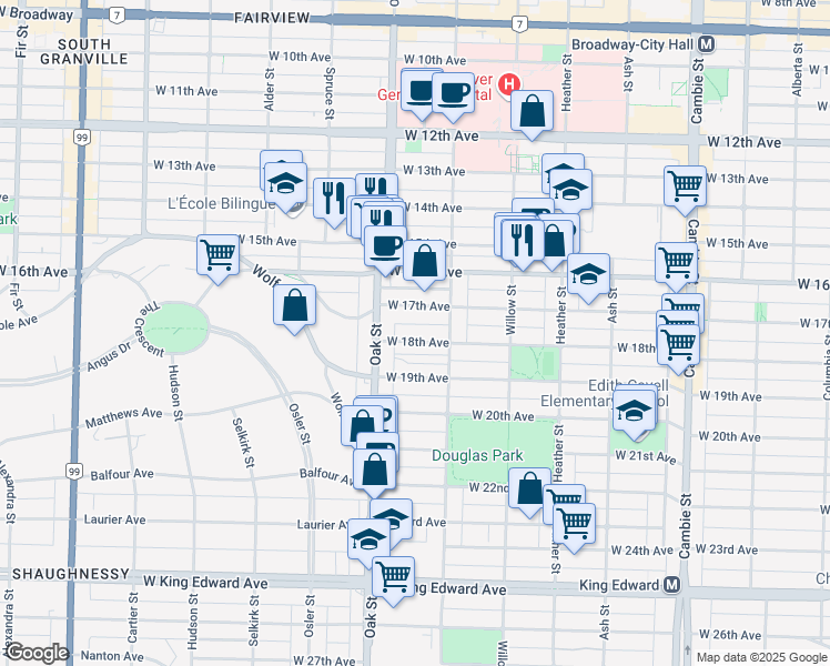 map of restaurants, bars, coffee shops, grocery stores, and more near 955 West 18th Avenue in Vancouver