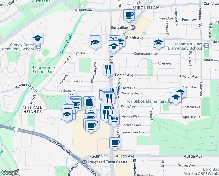 map of restaurants, bars, coffee shops, grocery stores, and more near 9989 Sullivan Street in Burnaby