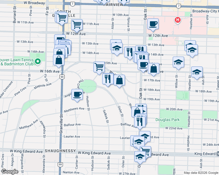 map of restaurants, bars, coffee shops, grocery stores, and more near 3402 Osler Street in Vancouver