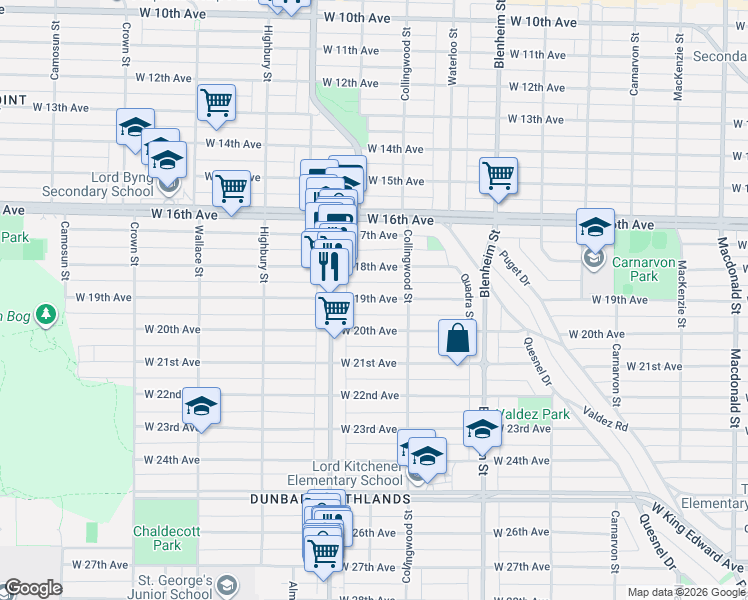 map of restaurants, bars, coffee shops, grocery stores, and more near West 19th Avenue in Vancouver