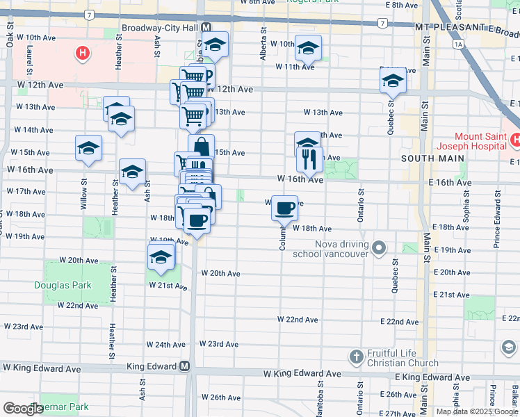 map of restaurants, bars, coffee shops, grocery stores, and more near 304 West 17th Avenue in Vancouver