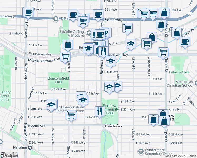 map of restaurants, bars, coffee shops, grocery stores, and more near 3191 Renfrew Street in Vancouver