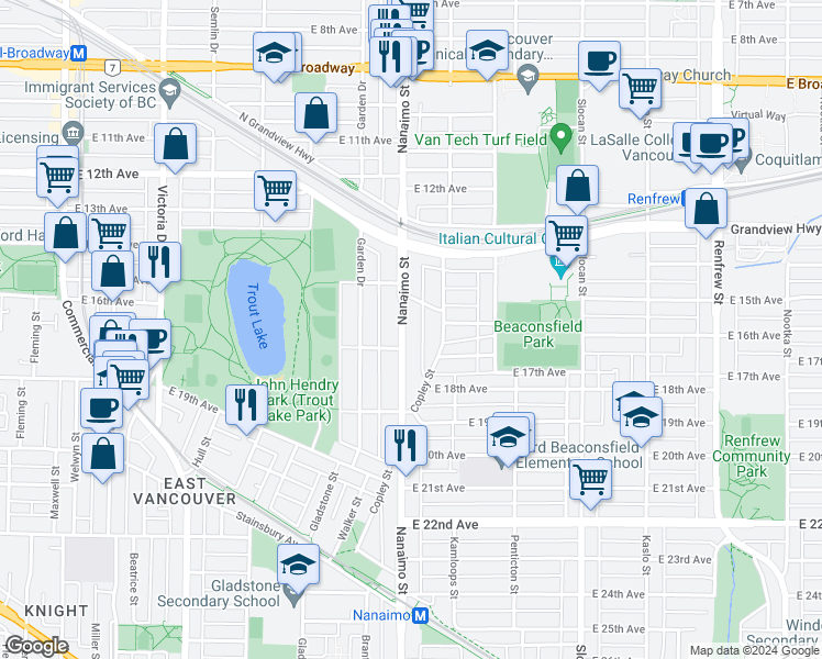 map of restaurants, bars, coffee shops, grocery stores, and more near 3230 Nanaimo Street in Vancouver