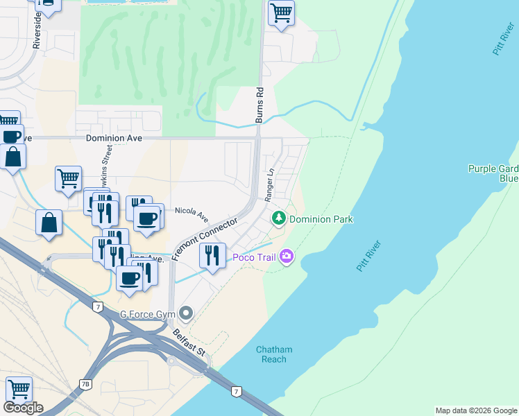map of restaurants, bars, coffee shops, grocery stores, and more near 550 Seaborne Place in Port Coquitlam