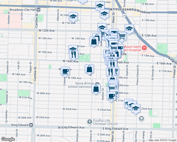map of restaurants, bars, coffee shops, grocery stores, and more near 10 West 17th Avenue in Vancouver