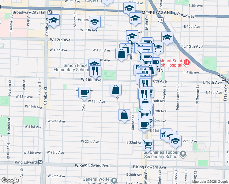 map of restaurants, bars, coffee shops, grocery stores, and more near 10 West 17th Avenue in Vancouver
