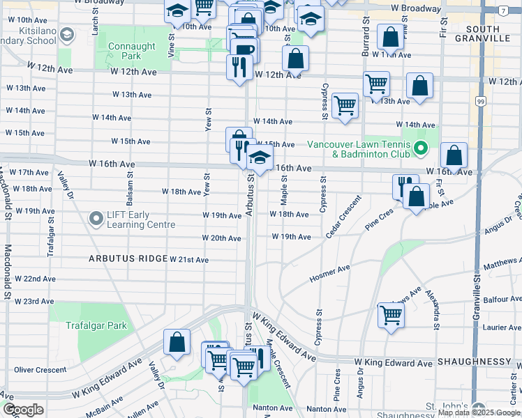 map of restaurants, bars, coffee shops, grocery stores, and more near 2087 West 18th Avenue in Vancouver