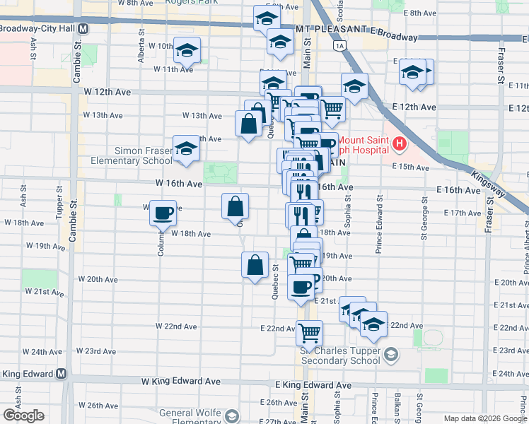 map of restaurants, bars, coffee shops, grocery stores, and more near 110 East 17th Avenue in Vancouver