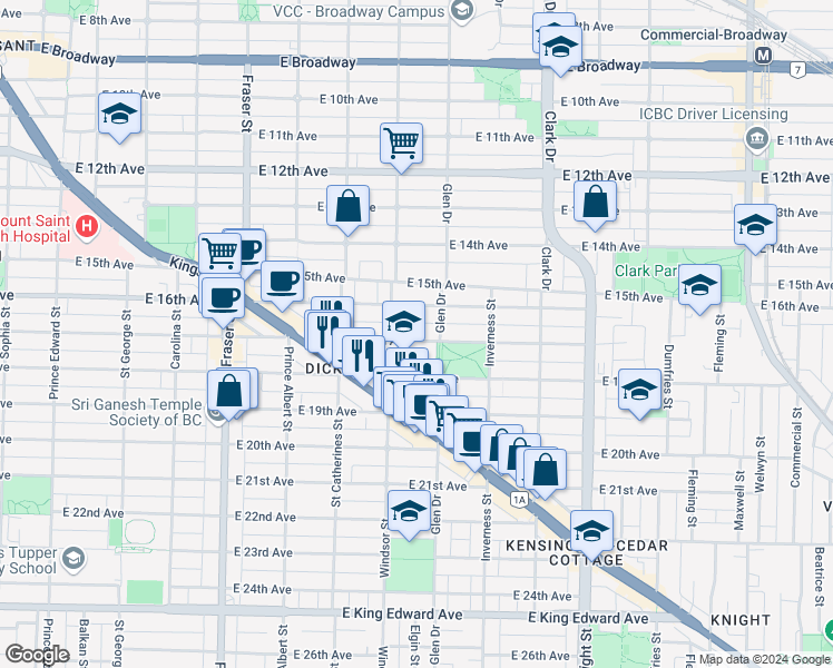 map of restaurants, bars, coffee shops, grocery stores, and more near 1045 East 17th Avenue in Vancouver