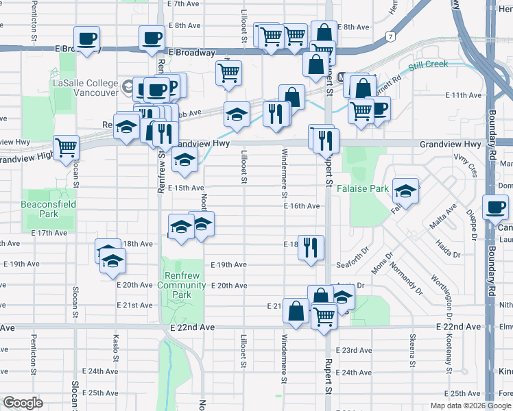 map of restaurants, bars, coffee shops, grocery stores, and more near in Vancouver