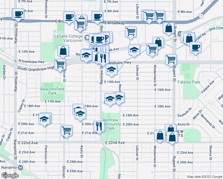 map of restaurants, bars, coffee shops, grocery stores, and more near in Vancouver