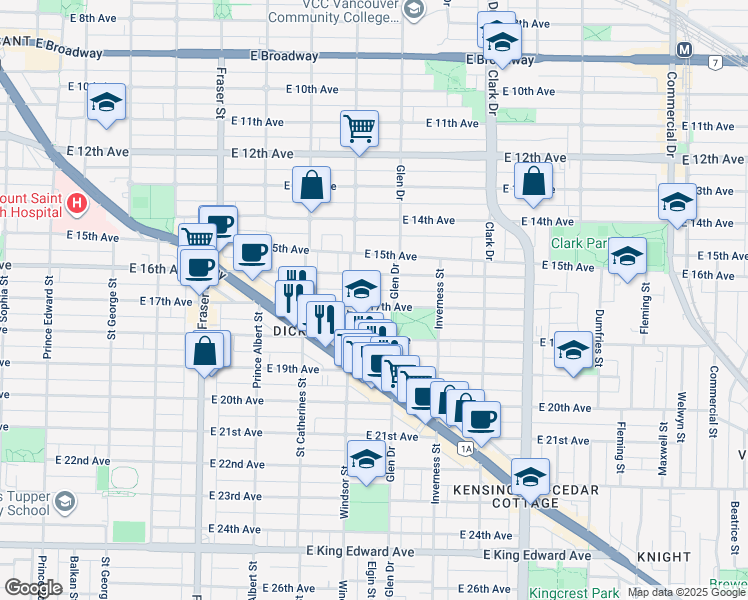 map of restaurants, bars, coffee shops, grocery stores, and more near 1045 East 17th Avenue in Vancouver