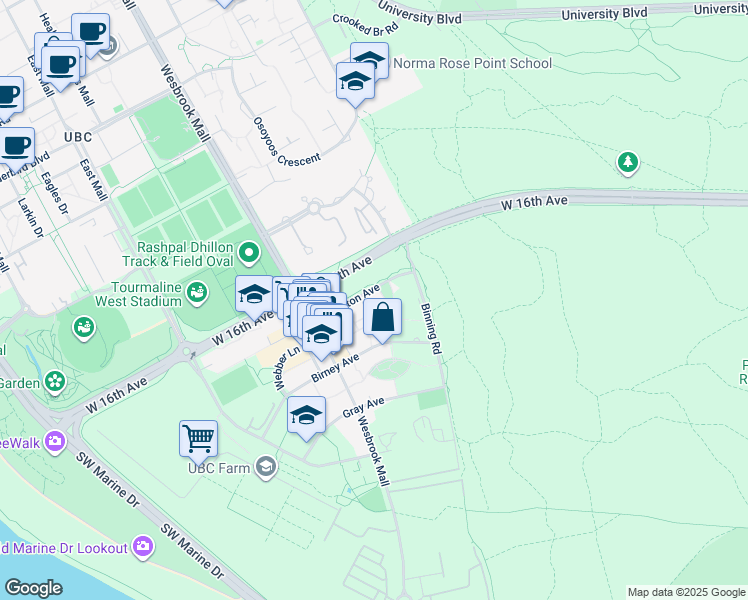 map of restaurants, bars, coffee shops, grocery stores, and more near 5728 Berton Avenue in Vancouver