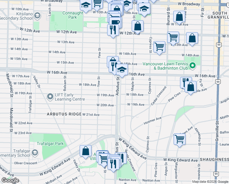 map of restaurants, bars, coffee shops, grocery stores, and more near 3469 Arbutus Street in Vancouver