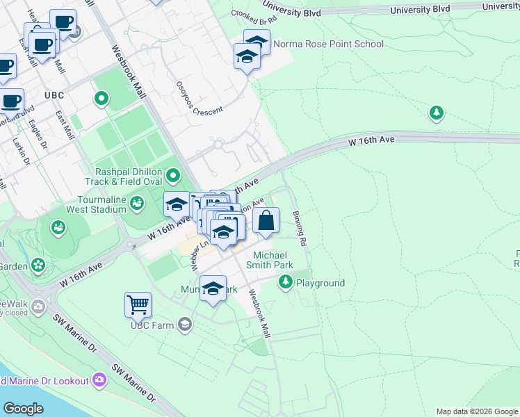 map of restaurants, bars, coffee shops, grocery stores, and more near 5728 Berton Avenue in Vancouver