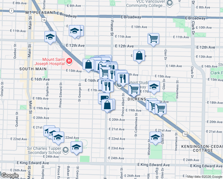 map of restaurants, bars, coffee shops, grocery stores, and more near 725 East 17th Avenue in Vancouver