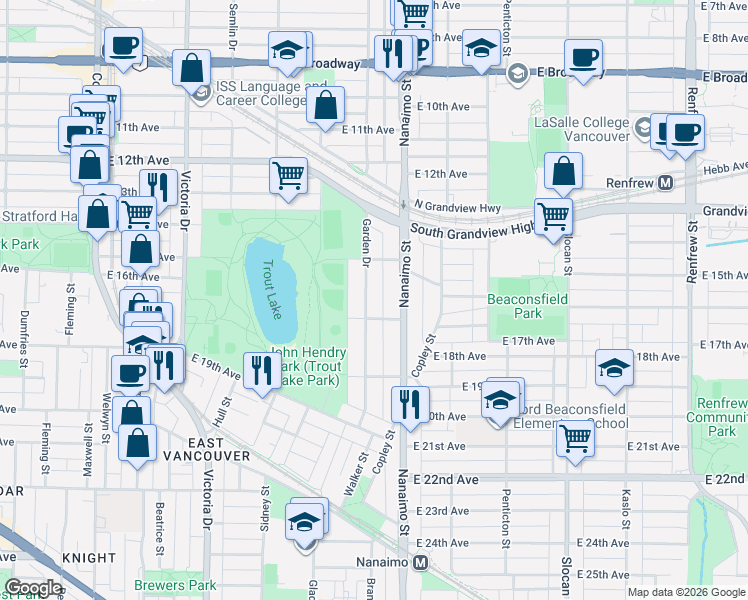 map of restaurants, bars, coffee shops, grocery stores, and more near 3230 Garden Drive in Vancouver