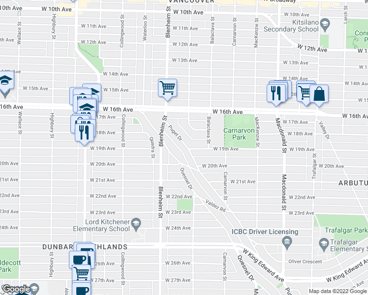 map of restaurants, bars, coffee shops, grocery stores, and more near 3489 Puget Drive in Vancouver