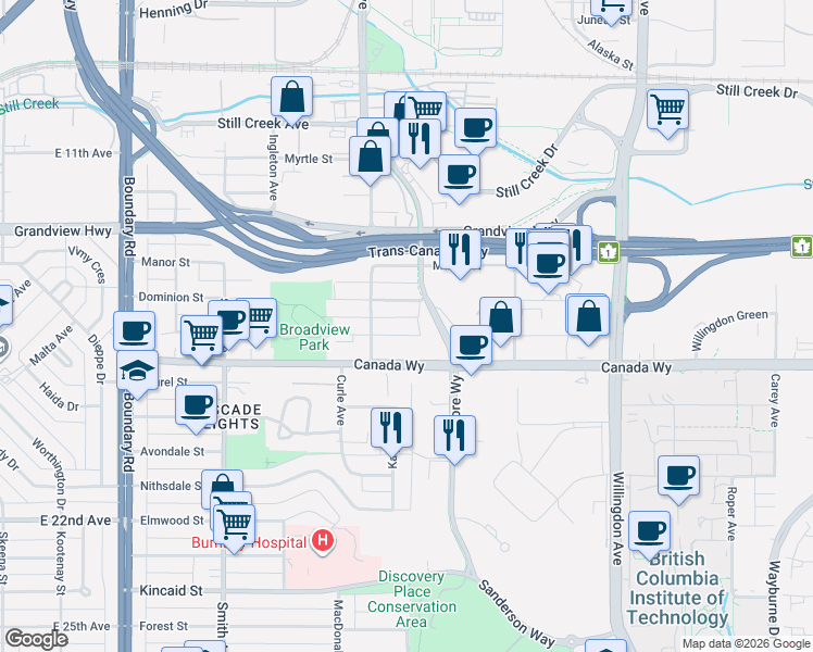 map of restaurants, bars, coffee shops, grocery stores, and more near 4181 Norfolk Street in Burnaby