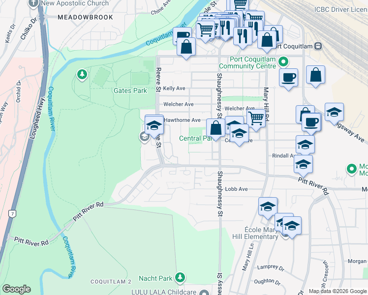 map of restaurants, bars, coffee shops, grocery stores, and more near 2109 Rowland Street in Port Coquitlam