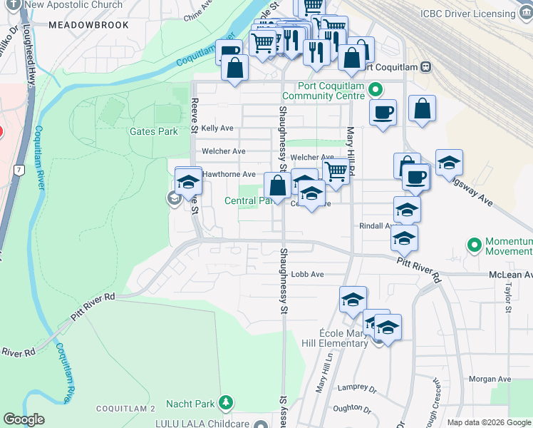 map of restaurants, bars, coffee shops, grocery stores, and more near in Port Coquitlam
