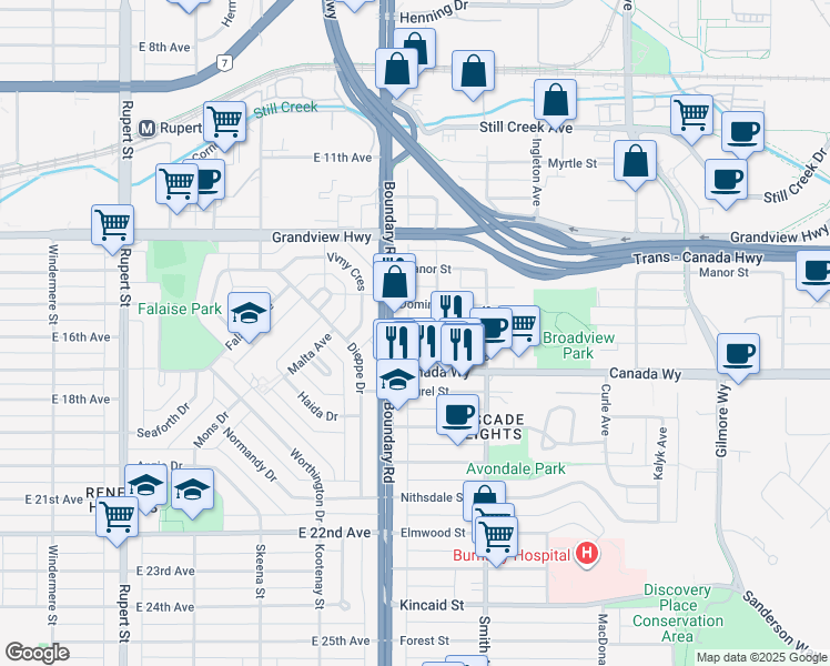 map of restaurants, bars, coffee shops, grocery stores, and more near 3733 Norfolk Street in Burnaby