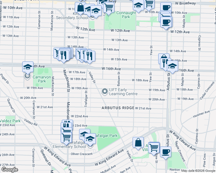 map of restaurants, bars, coffee shops, grocery stores, and more near 2445 West 19th Avenue in Vancouver