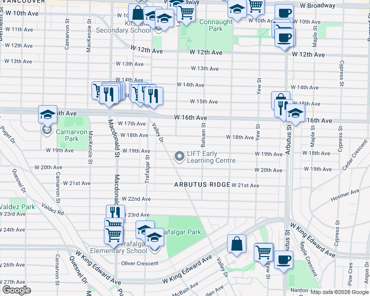 map of restaurants, bars, coffee shops, grocery stores, and more near 2445 West 19th Avenue in Vancouver