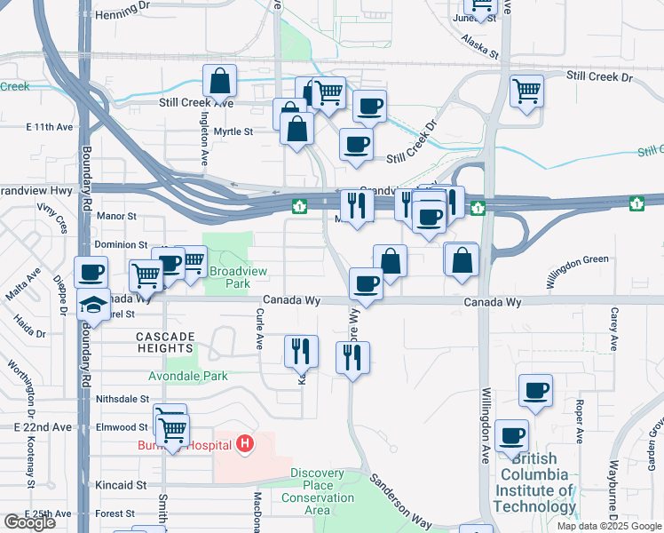 map of restaurants, bars, coffee shops, grocery stores, and more near 3151 Gilmore Diversion in Burnaby